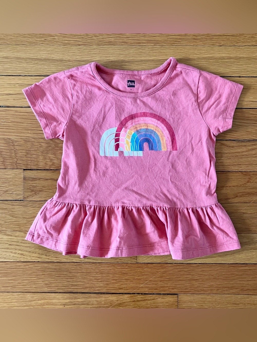 Tea Collection Coral Pink Rainbow Colorful Cotton Ruffle Tee Size 4
